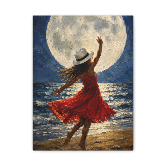 Moonlit Dance Canvas Wall Art – Woman in Red Dress Beach Painting