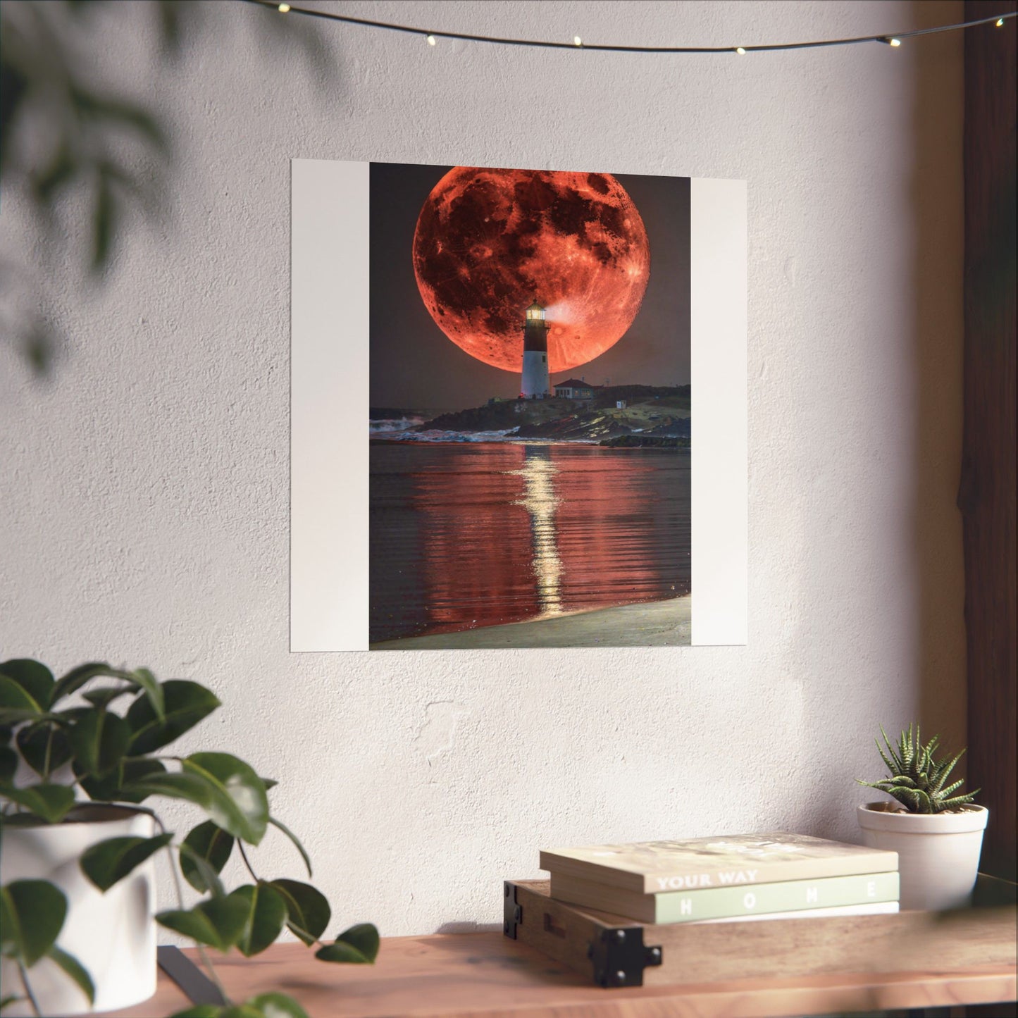 Red Moon Lighthouse Matte Vertical Poster — Surreal Coastal Wall Art