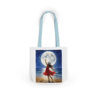 Moonlit Dance Canvas Tote Bag — Woman in Red Dress Beach Art Tote