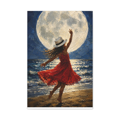 Moonlit Dance Canvas Wall Art – Woman in Red Dress Beach Painting