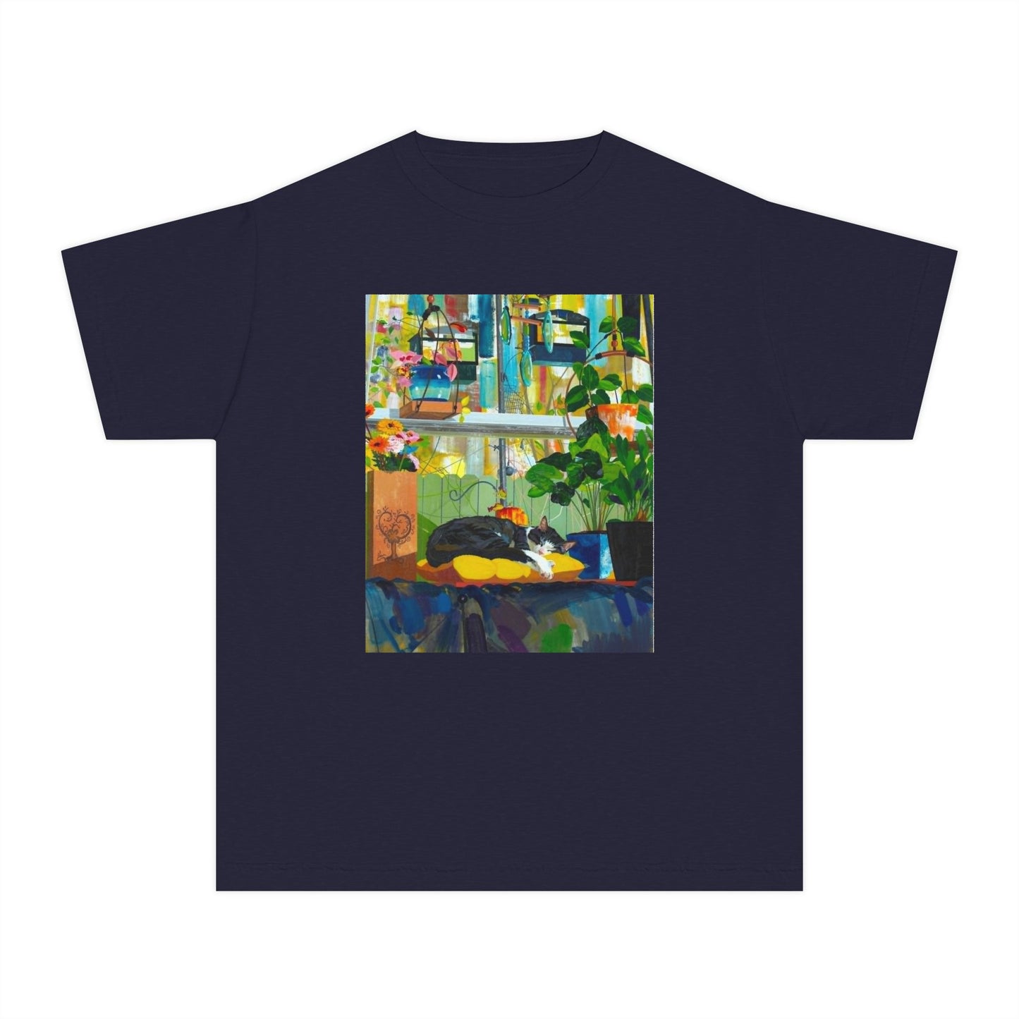 Youth Tee — Cozy Window Cat Print