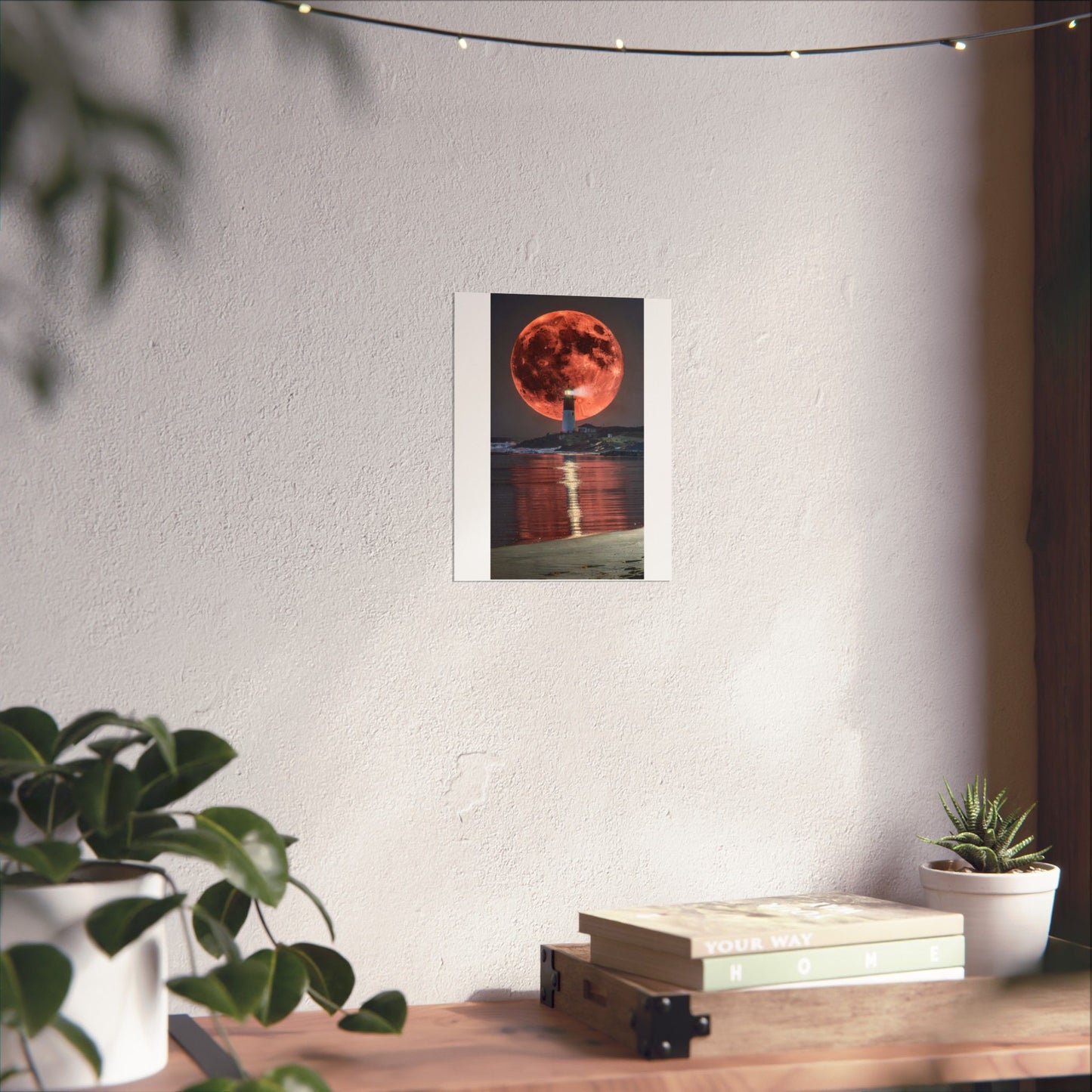 Red Moon Lighthouse Matte Vertical Poster — Surreal Coastal Wall Art
