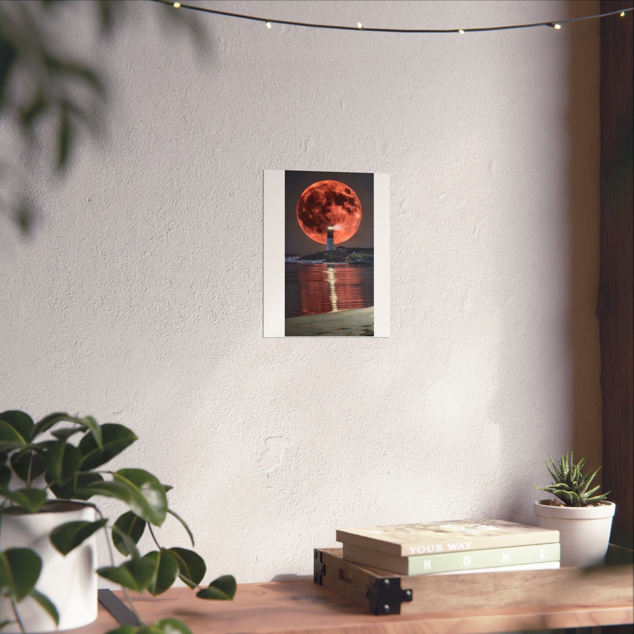 Red Moon Lighthouse Matte Vertical Poster — Surreal Coastal Wall Art