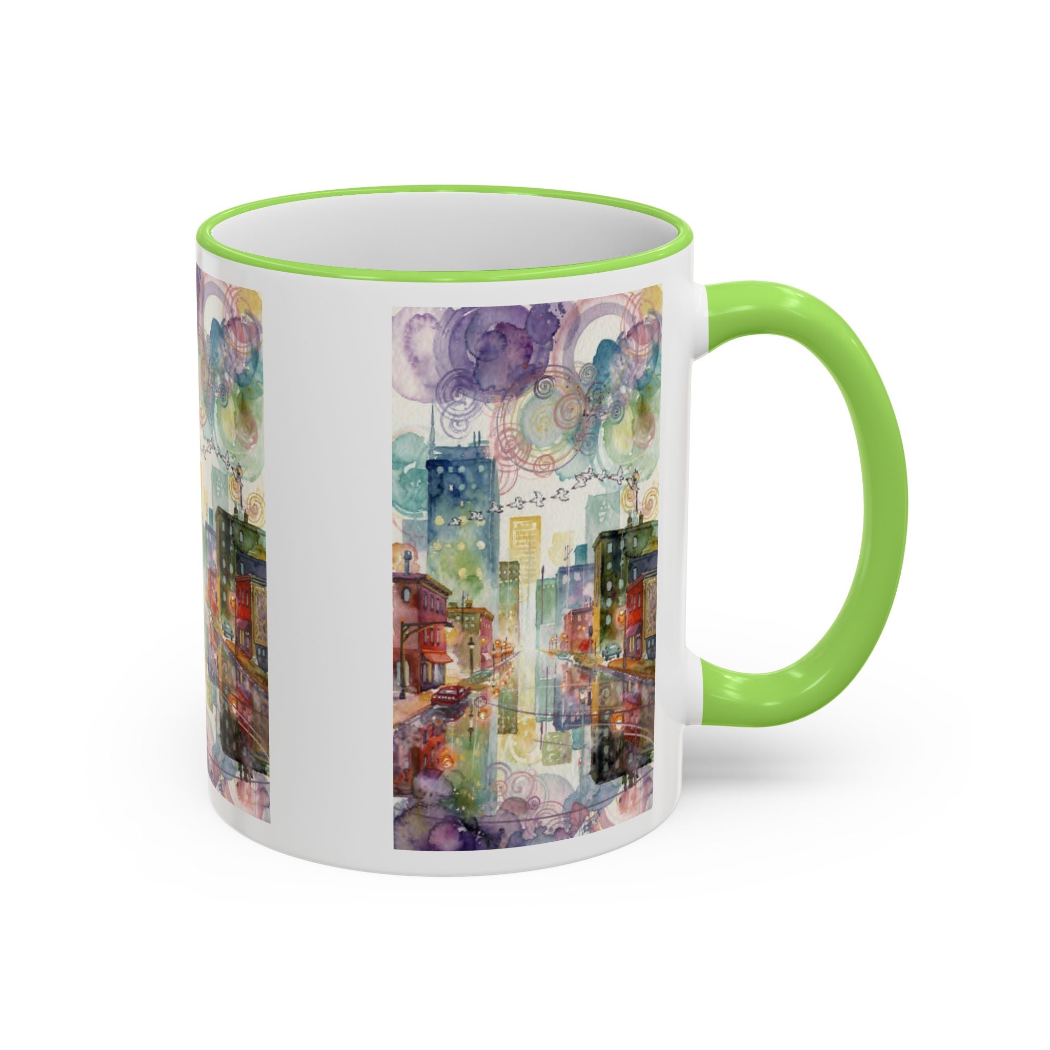 Abstract Cityscape Accent Rim Mug – Colorful Urban Watercolor Coffee Cup (11oz/15oz)