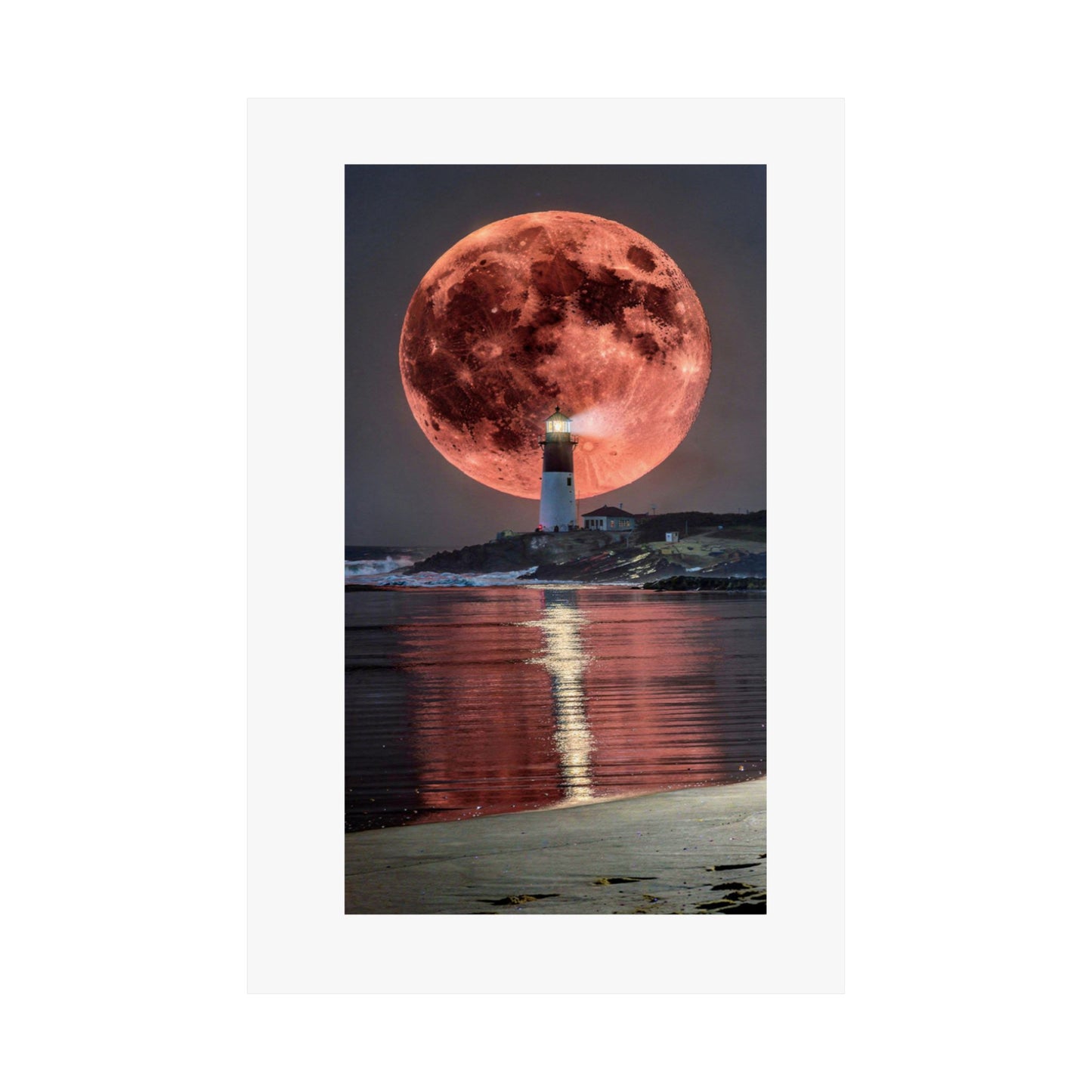 Red Moon Lighthouse Matte Vertical Poster — Surreal Coastal Wall Art