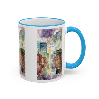 Abstract Cityscape Accent Rim Mug – Colorful Urban Watercolor Coffee Cup (11oz/15oz)