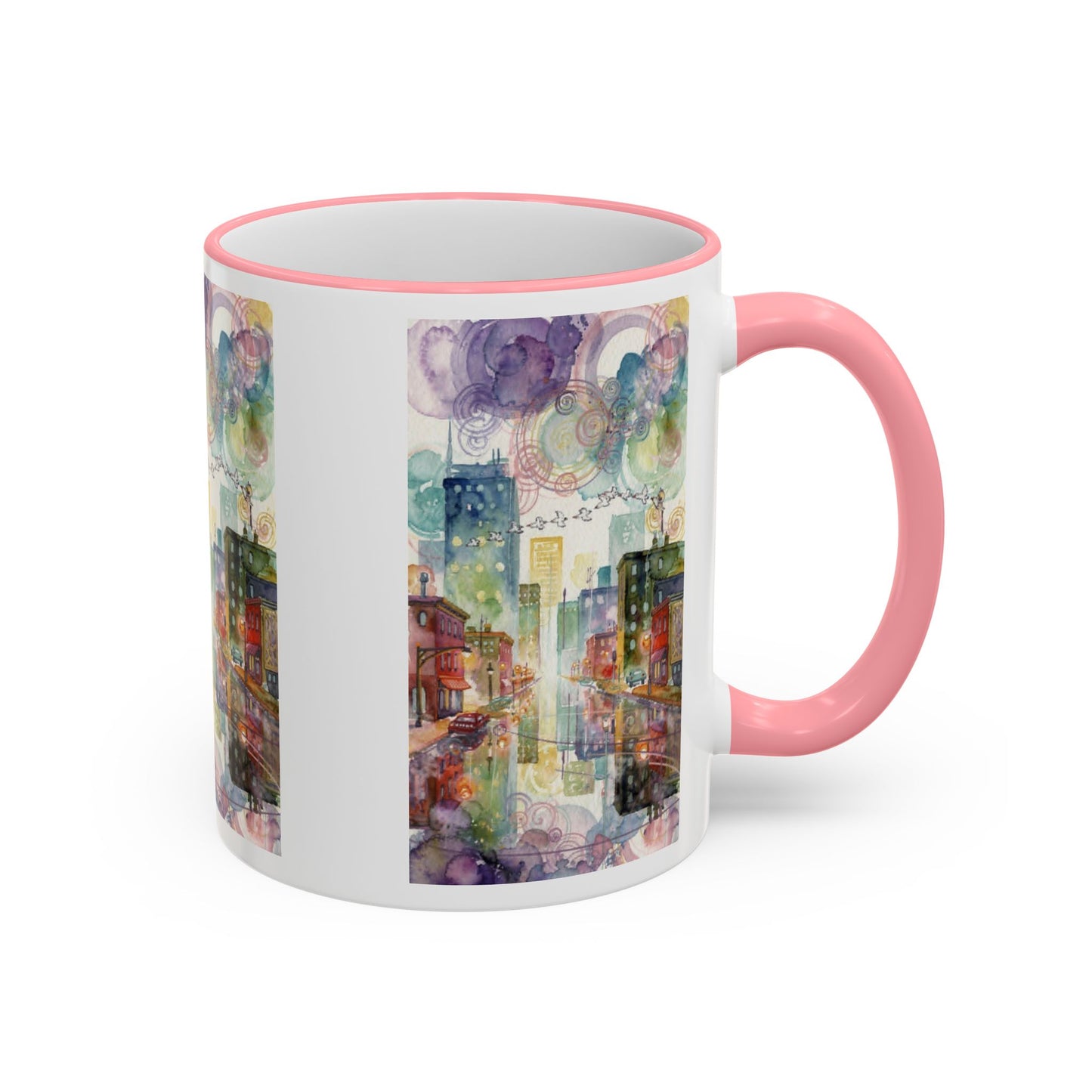 Abstract Cityscape Accent Rim Mug – Colorful Urban Watercolor Coffee Cup (11oz/15oz)