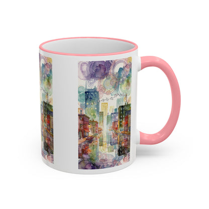 Abstract Cityscape Accent Rim Mug – Colorful Urban Watercolor Coffee Cup (11oz/15oz)