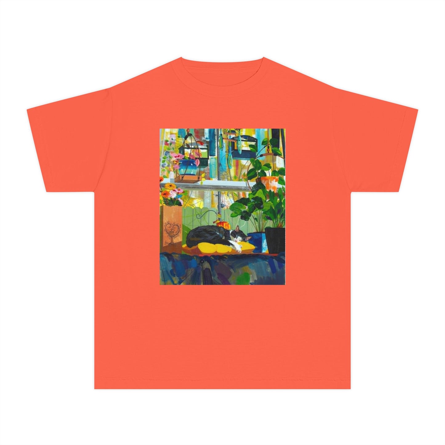 Youth Tee — Cozy Window Cat Print