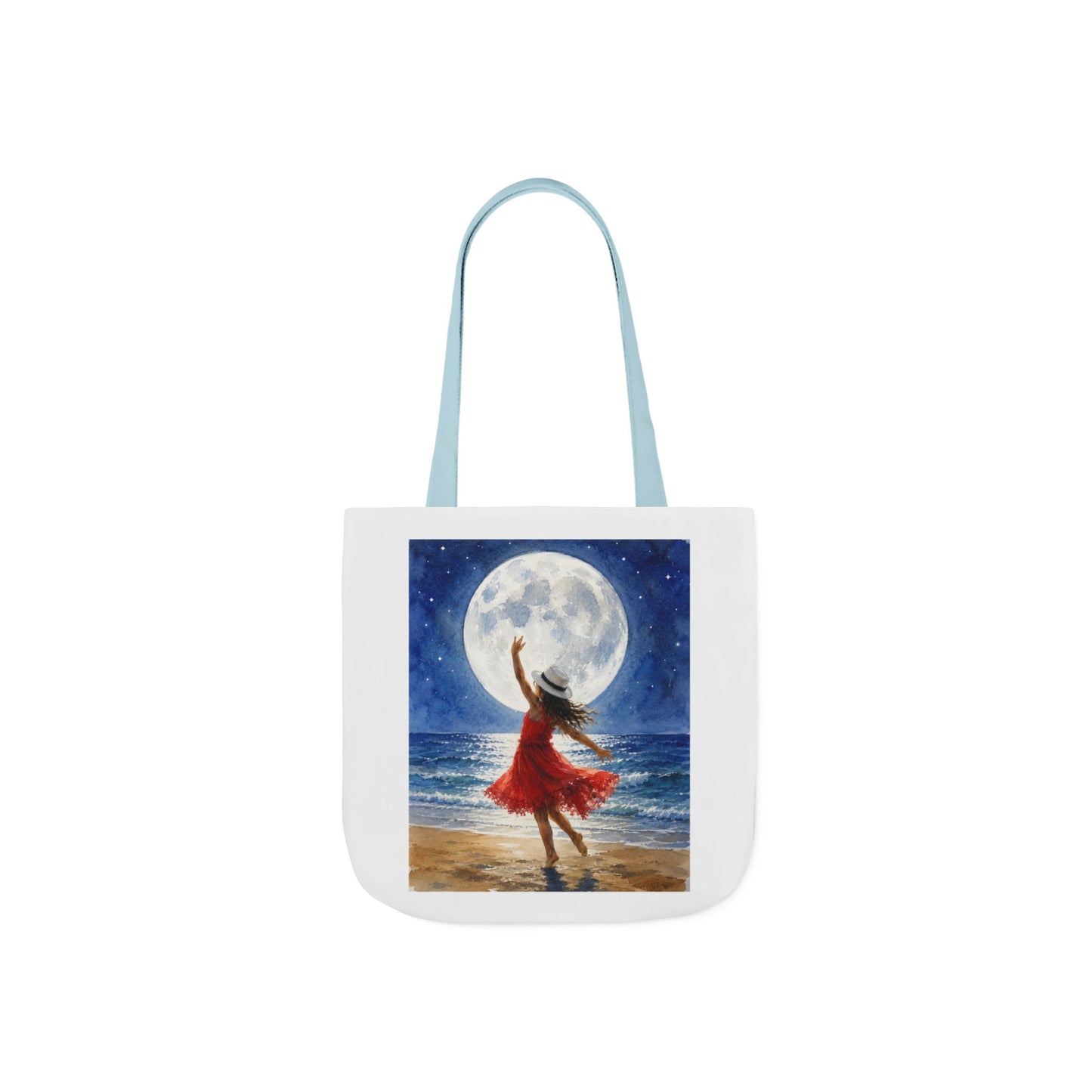 Moonlit Dance Canvas Tote Bag — Woman in Red Dress Beach Art Tote