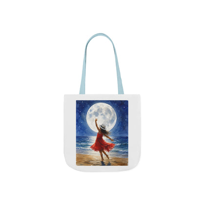Moonlit Dance Canvas Tote Bag — Woman in Red Dress Beach Art Tote