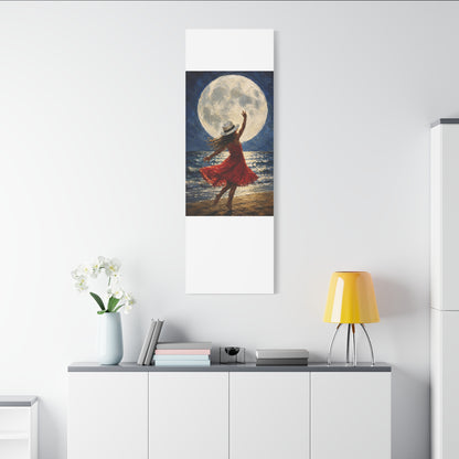 Moonlit Dance Canvas Wall Art – Woman in Red Dress Beach Painting