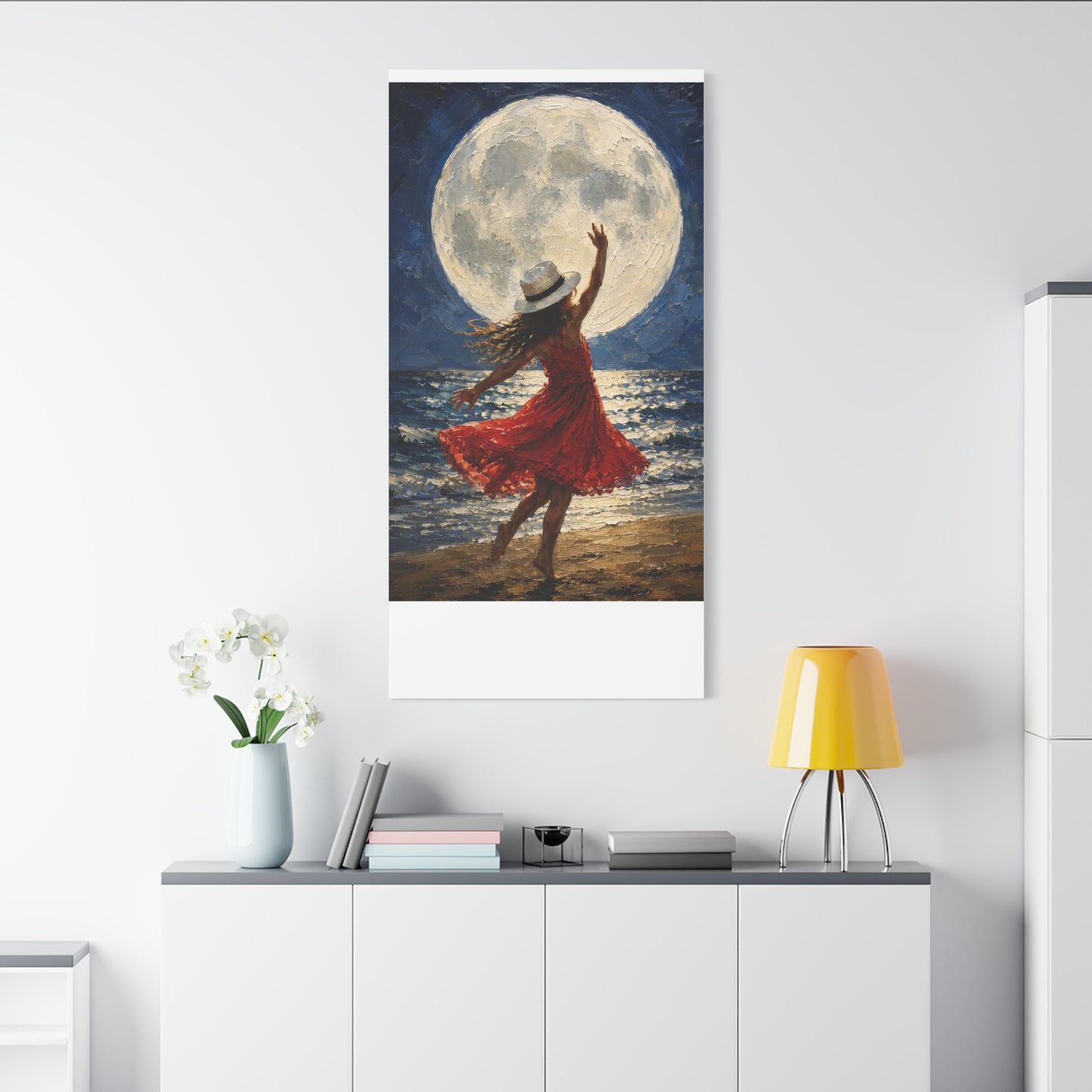 Moonlit Dance Canvas Wall Art – Woman in Red Dress Beach Painting