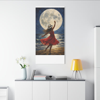 Moonlit Dance Canvas Wall Art – Woman in Red Dress Beach Painting
