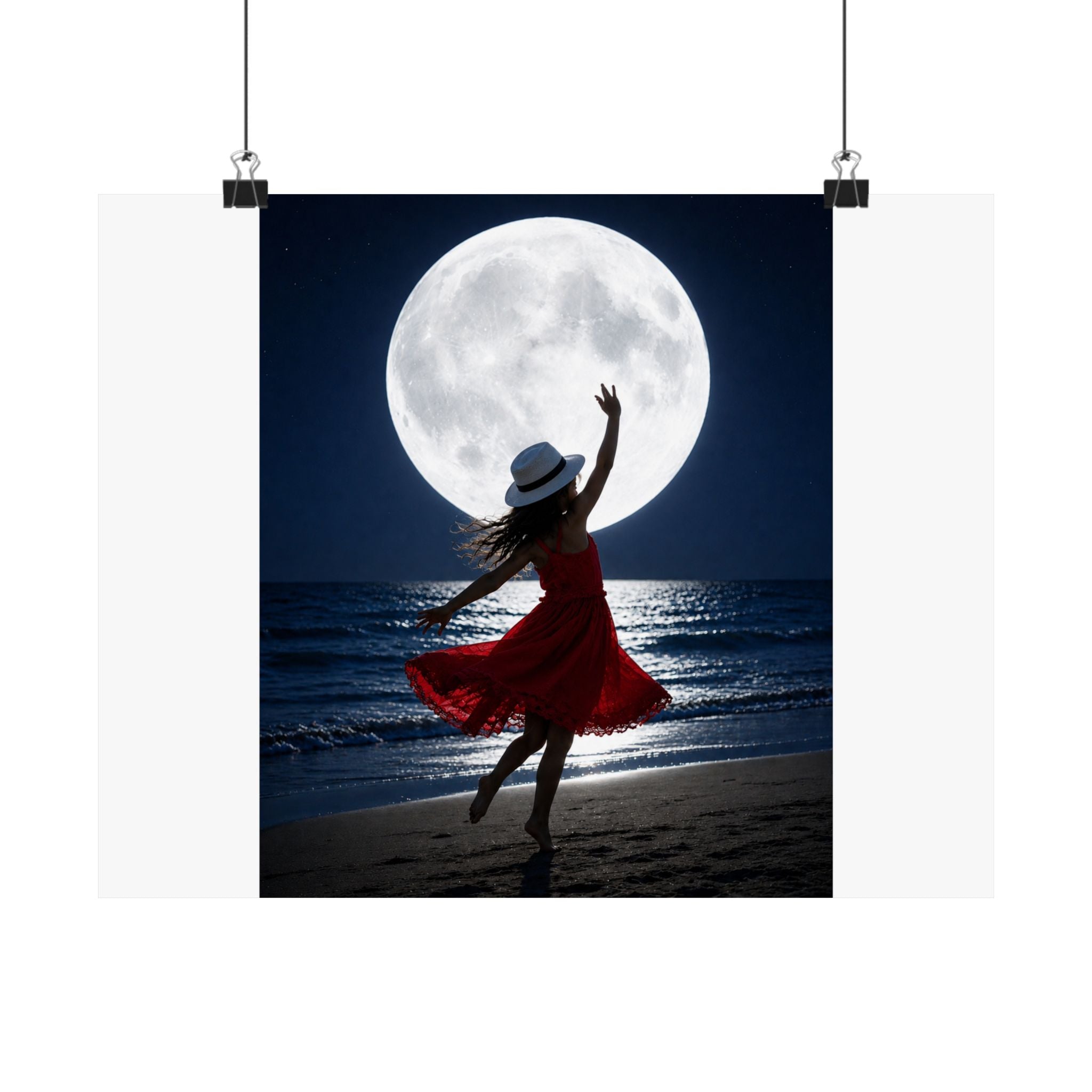 Moonlight Dance Beach Poster — Woman in Red Dress Silhouette Matte Horizontal Art Print