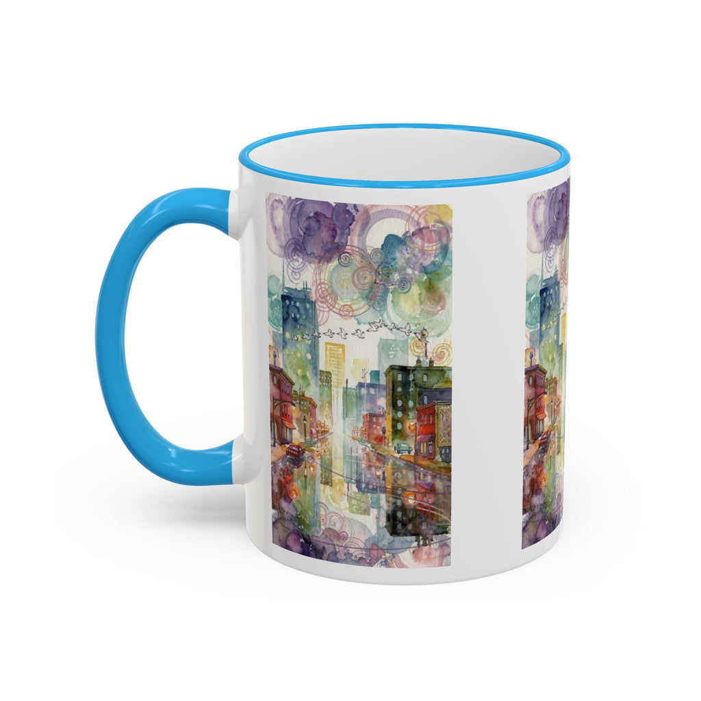Abstract Cityscape Accent Rim Mug – Colorful Urban Watercolor Coffee Cup (11oz/15oz)