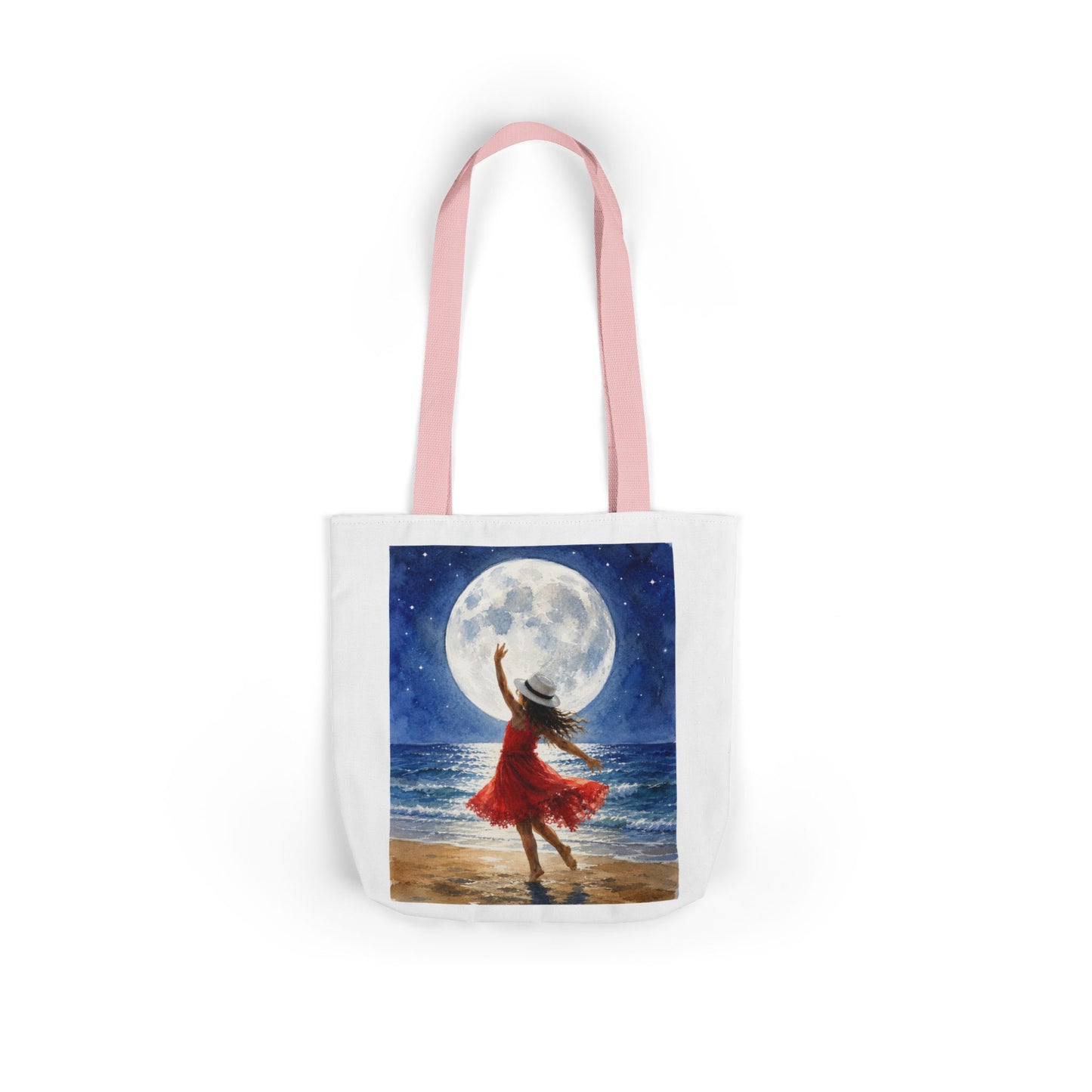 Moonlit Dance Canvas Tote Bag — Woman in Red Dress Beach Art Tote