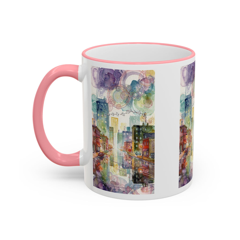 Abstract Cityscape Accent Rim Mug – Colorful Urban Watercolor Coffee Cup (11oz/15oz)