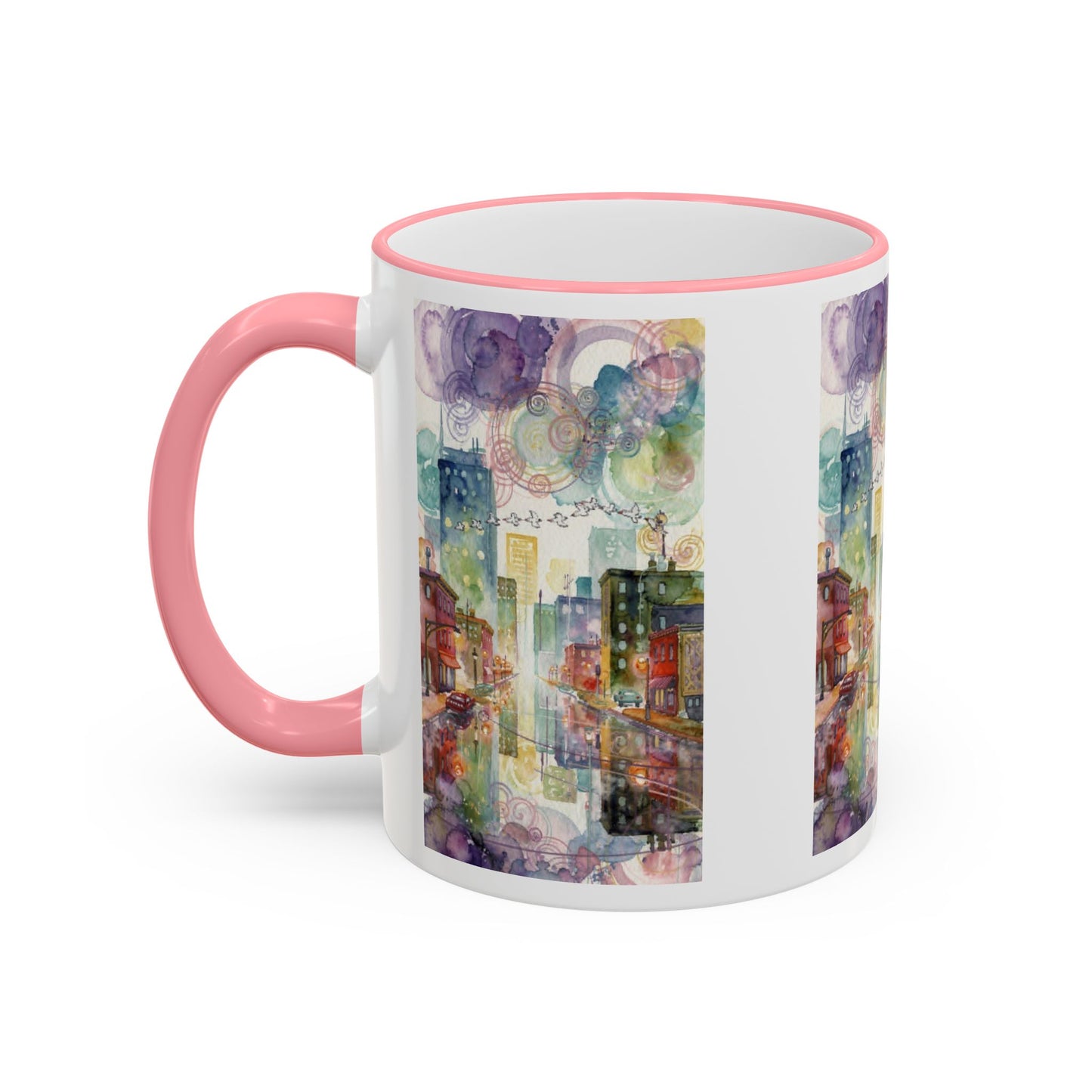Abstract Cityscape Accent Rim Mug – Colorful Urban Watercolor Coffee Cup (11oz/15oz)