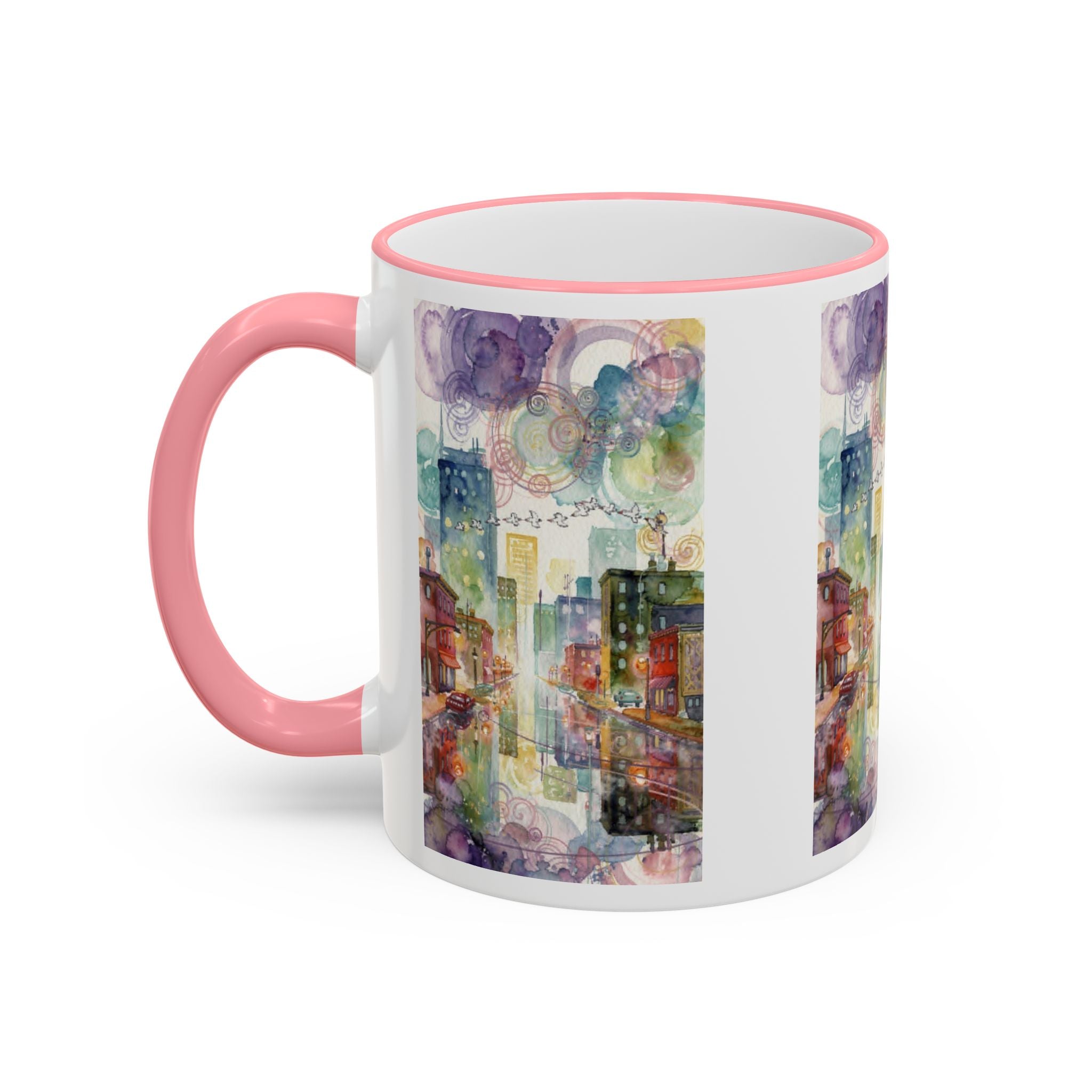 Abstract Cityscape Accent Rim Mug – Colorful Urban Watercolor Coffee Cup (11oz/15oz)