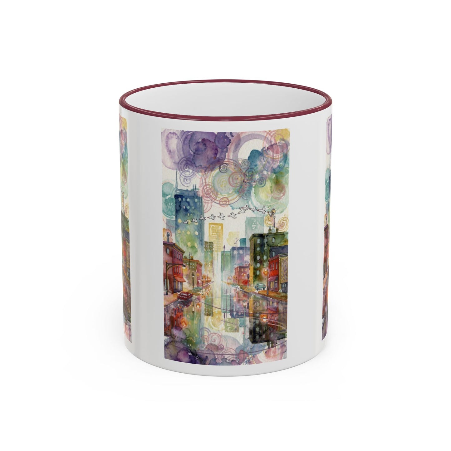 Abstract Cityscape Accent Rim Mug – Colorful Urban Watercolor Coffee Cup (11oz/15oz)