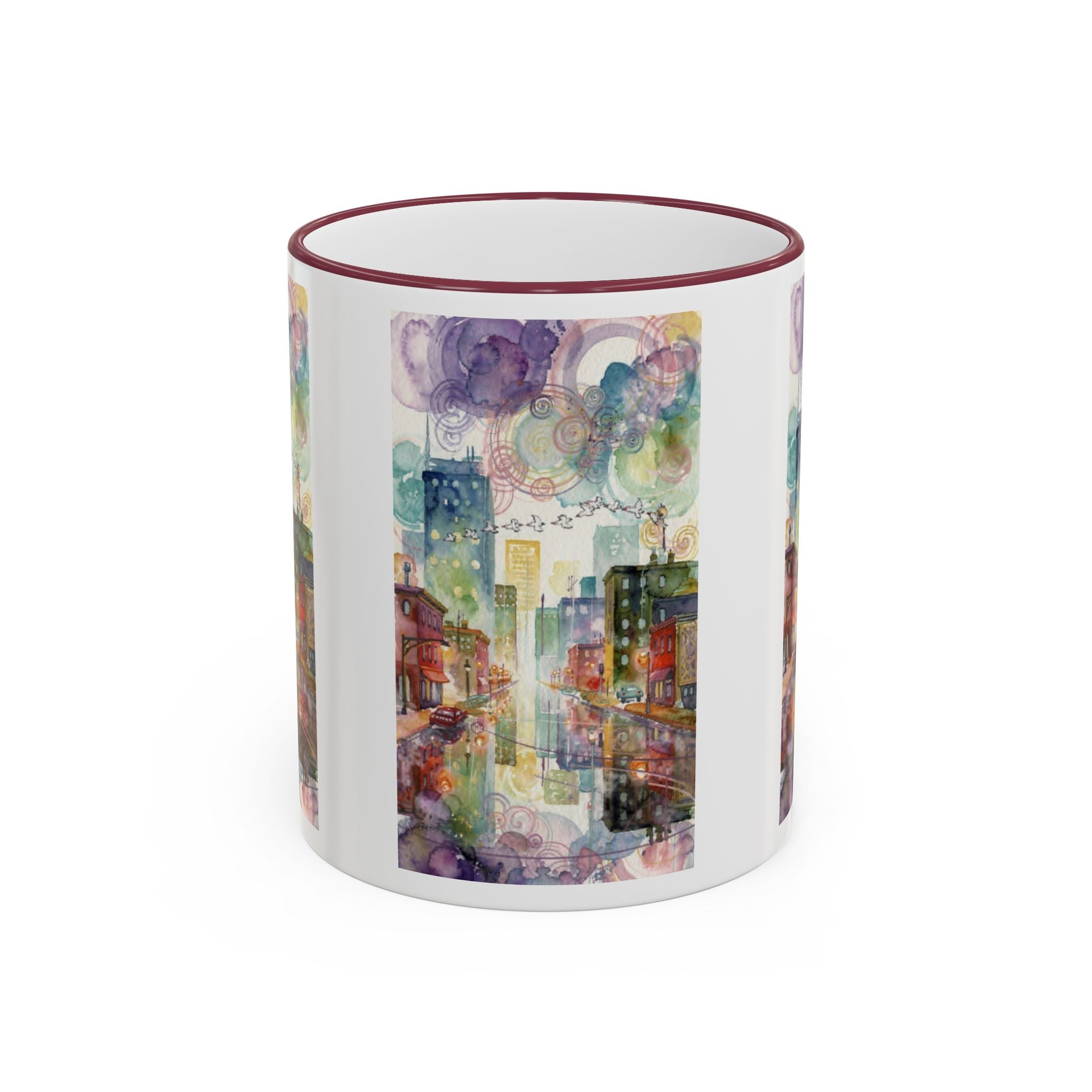 Abstract Cityscape Accent Rim Mug – Colorful Urban Watercolor Coffee Cup (11oz/15oz)