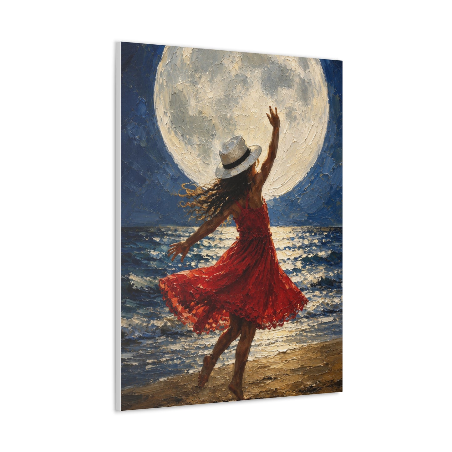 Moonlit Dance Canvas Wall Art – Woman in Red Dress Beach Painting