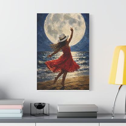 Moonlit Dance Canvas Wall Art – Woman in Red Dress Beach Painting