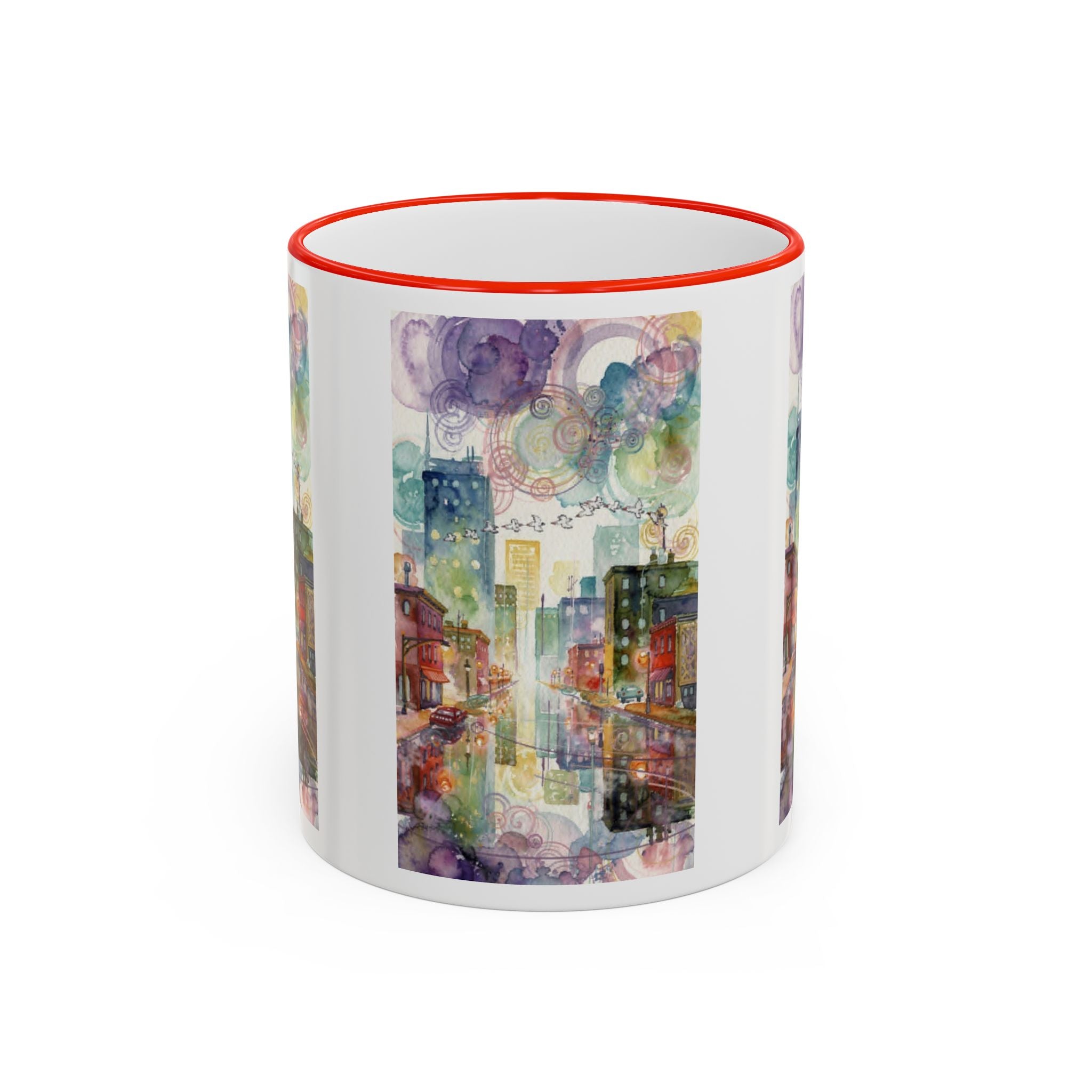 Abstract Cityscape Accent Rim Mug – Colorful Urban Watercolor Coffee Cup (11oz/15oz)