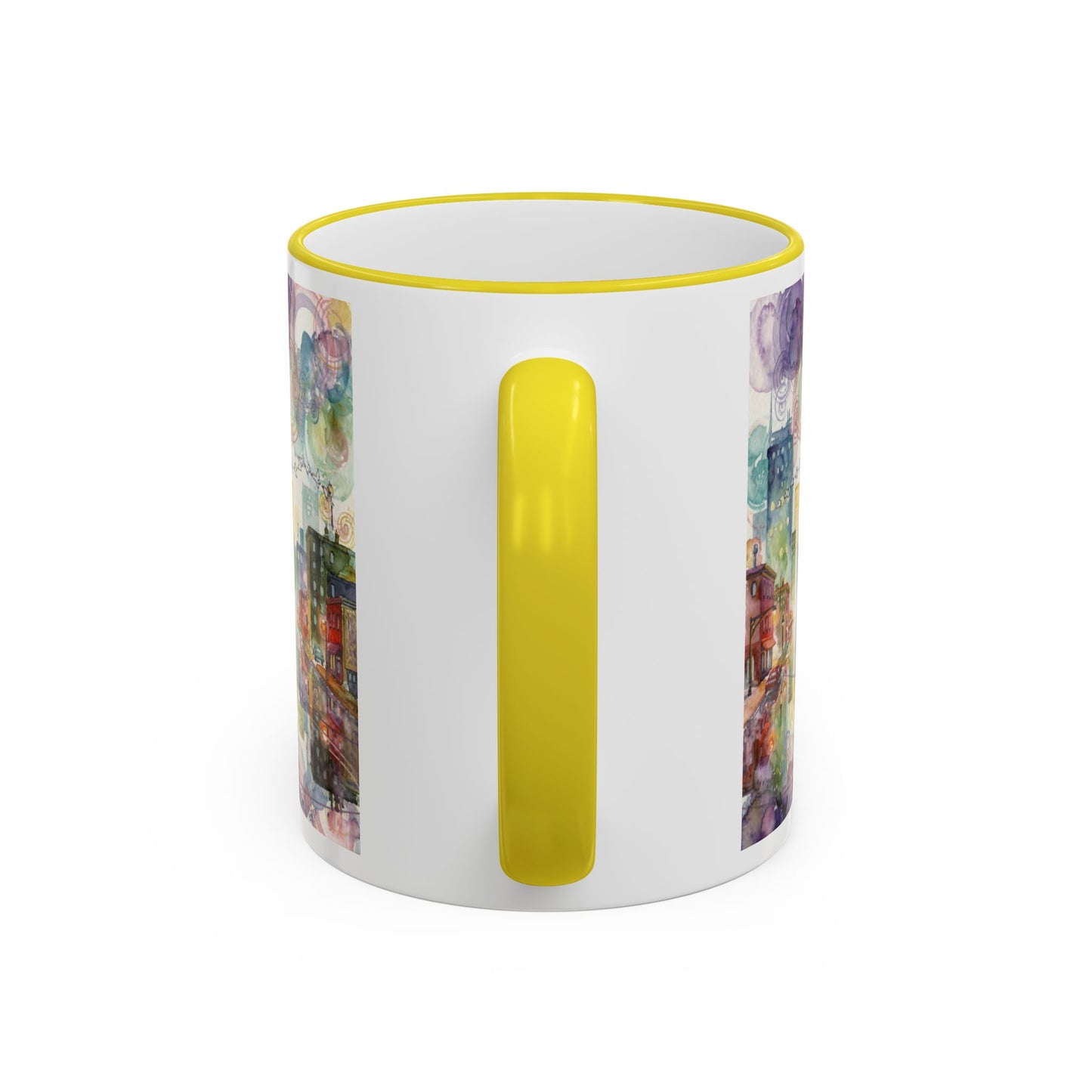 Abstract Cityscape Accent Rim Mug – Colorful Urban Watercolor Coffee Cup (11oz/15oz)