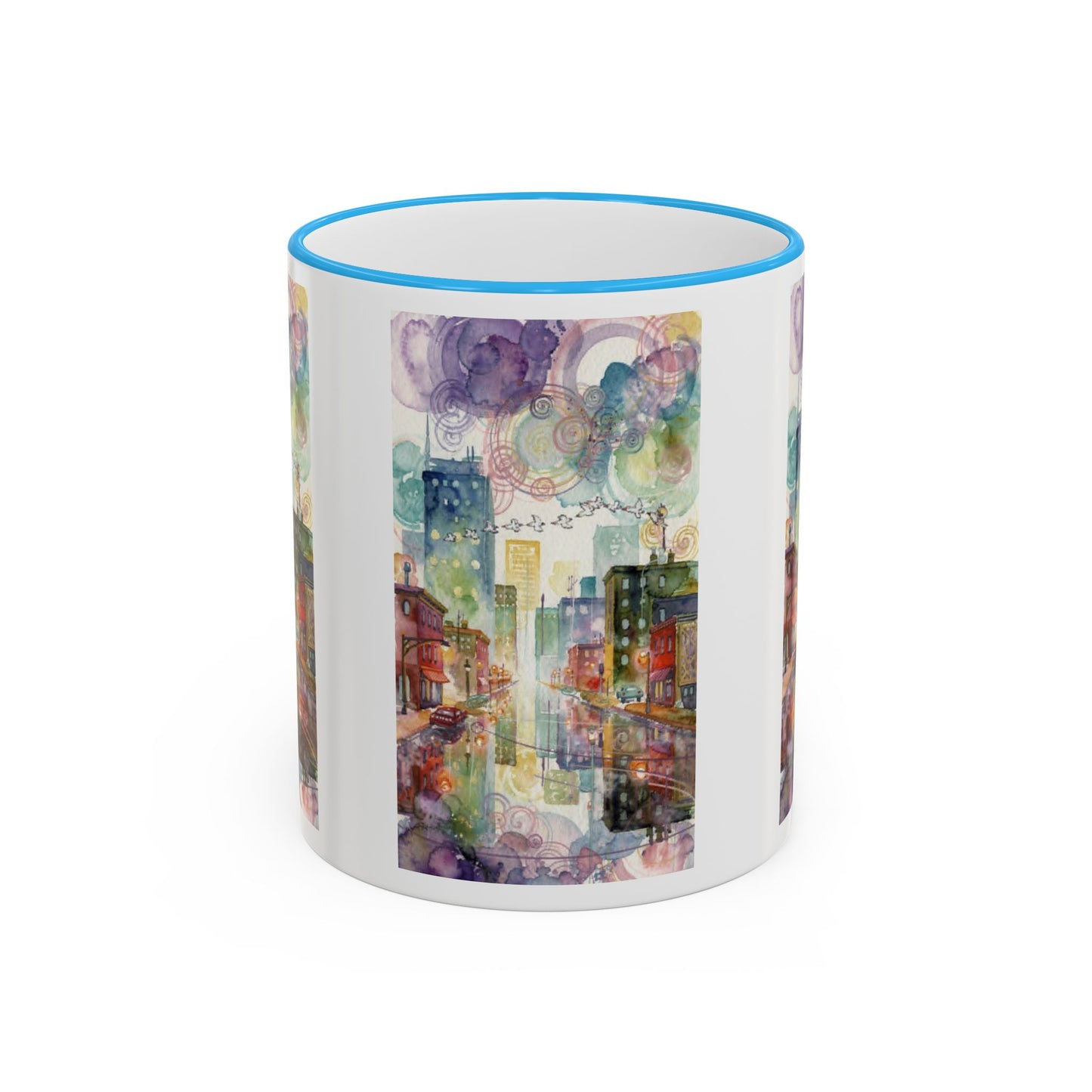 Abstract Cityscape Accent Rim Mug – Colorful Urban Watercolor Coffee Cup (11oz/15oz)