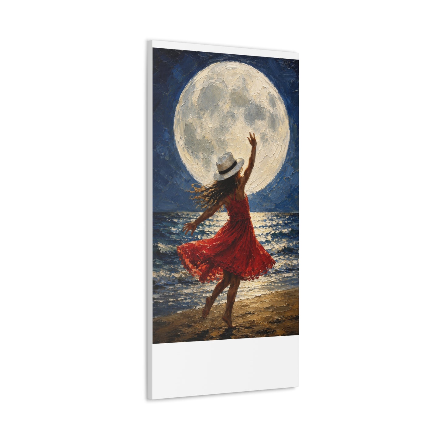 Moonlit Dance Canvas Wall Art – Woman in Red Dress Beach Painting