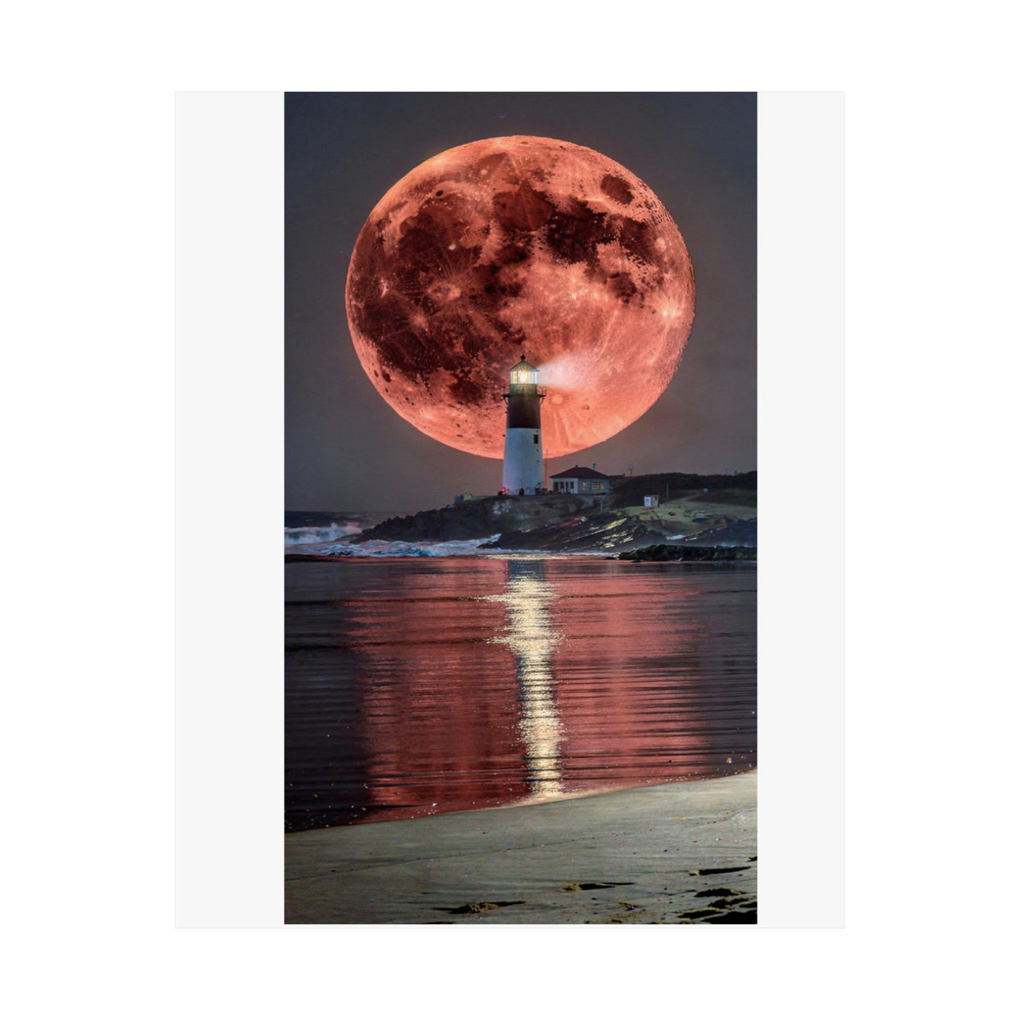 Red Moon Lighthouse Matte Vertical Poster — Surreal Coastal Wall Art