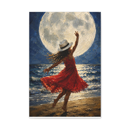 Moonlit Dance Canvas Wall Art – Woman in Red Dress Beach Painting