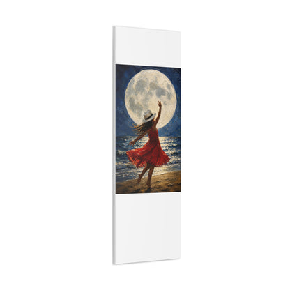 Moonlit Dance Canvas Wall Art – Woman in Red Dress Beach Painting