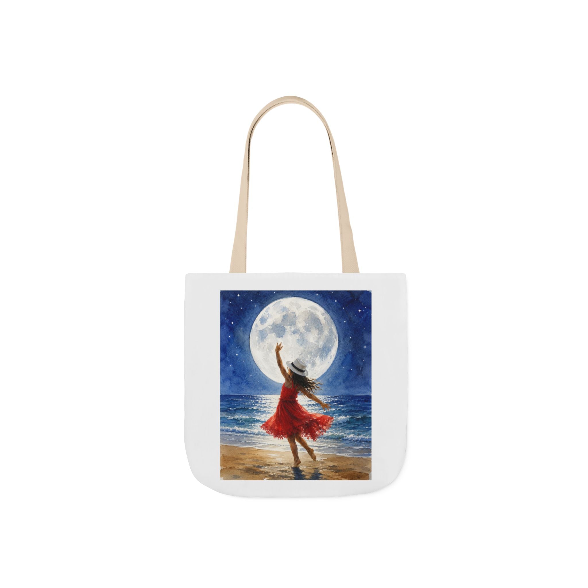 Moonlit Dance Canvas Tote Bag — Woman in Red Dress Beach Art Tote