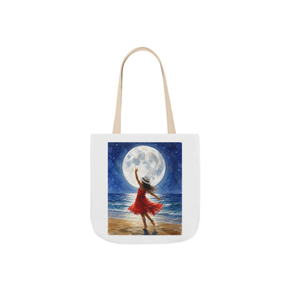 Moonlit Dance Canvas Tote Bag — Woman in Red Dress Beach Art Tote