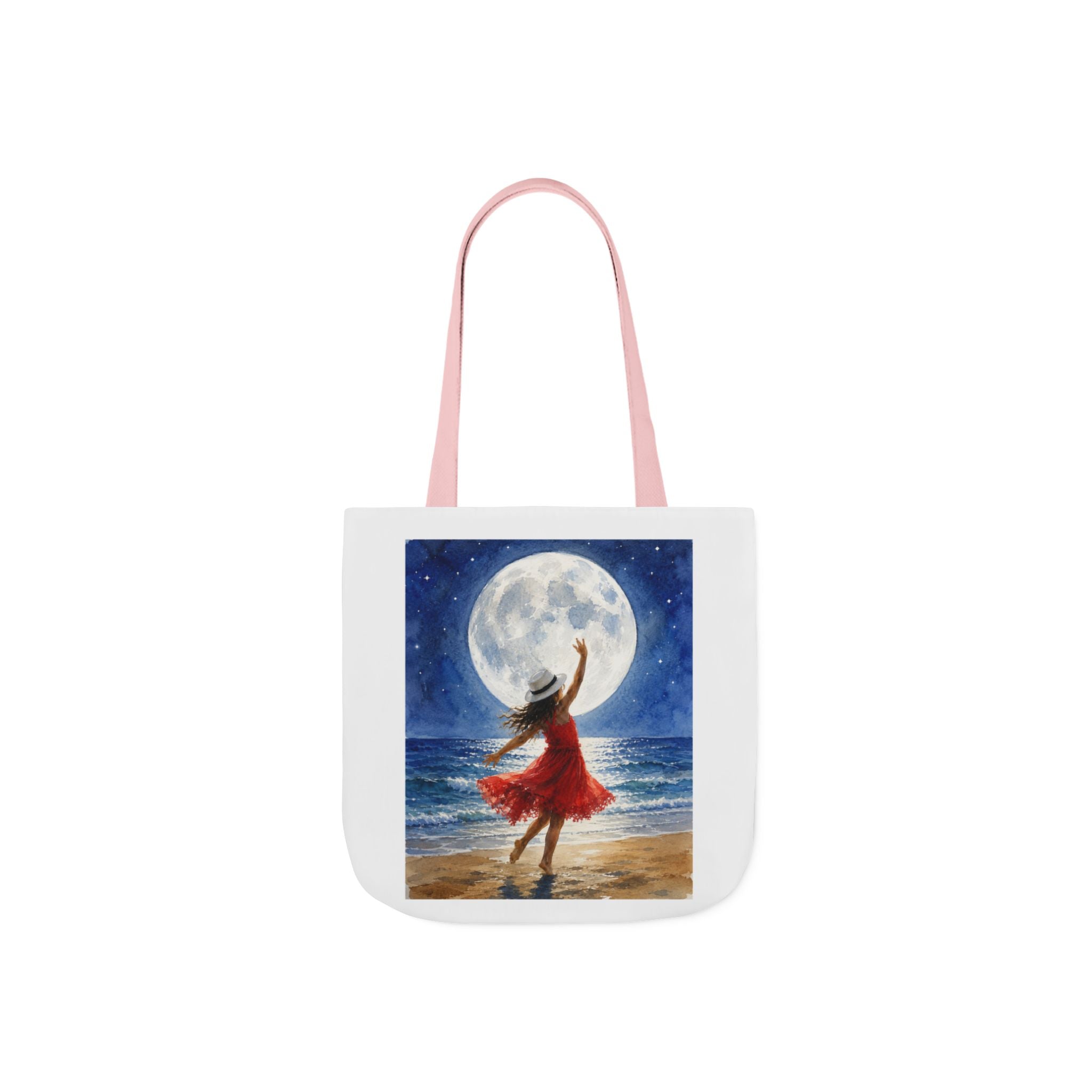 Moonlit Dance Canvas Tote Bag — Woman in Red Dress Beach Art Tote