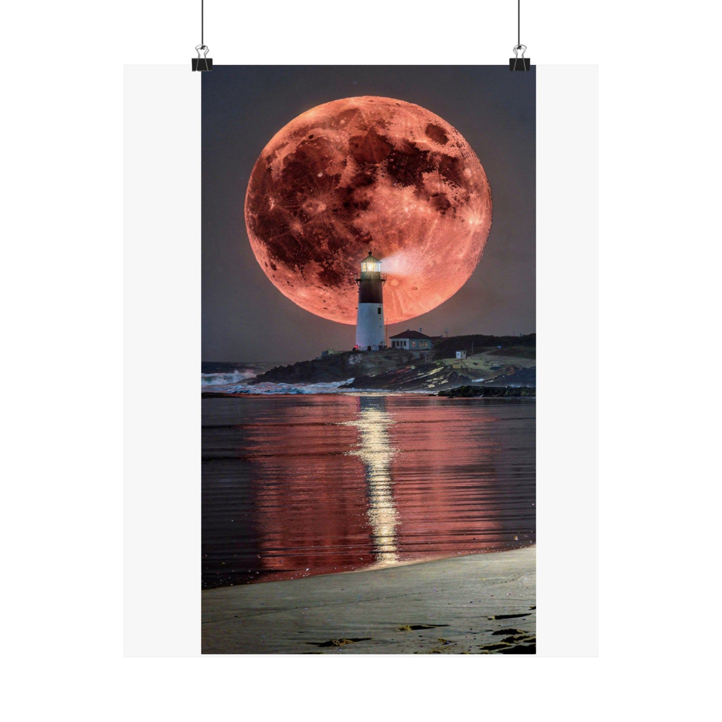 Red Moon Lighthouse Matte Vertical Poster — Surreal Coastal Wall Art