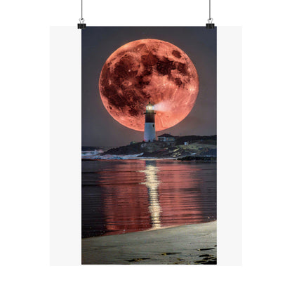 Red Moon Lighthouse Matte Vertical Poster — Surreal Coastal Wall Art