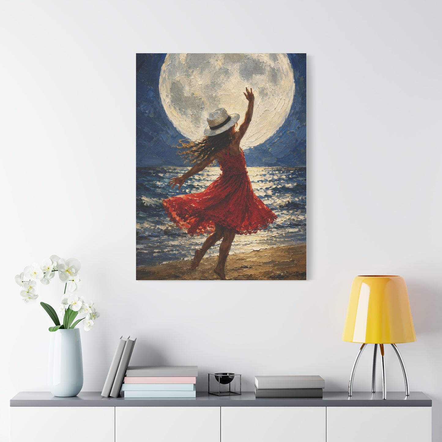 Moonlit Dance Canvas Wall Art – Woman in Red Dress Beach Painting
