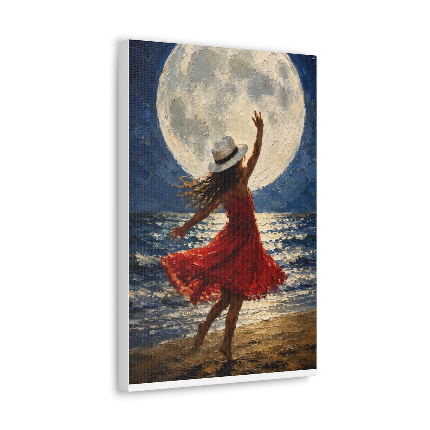 Moonlit Dance Canvas Wall Art – Woman in Red Dress Beach Painting
