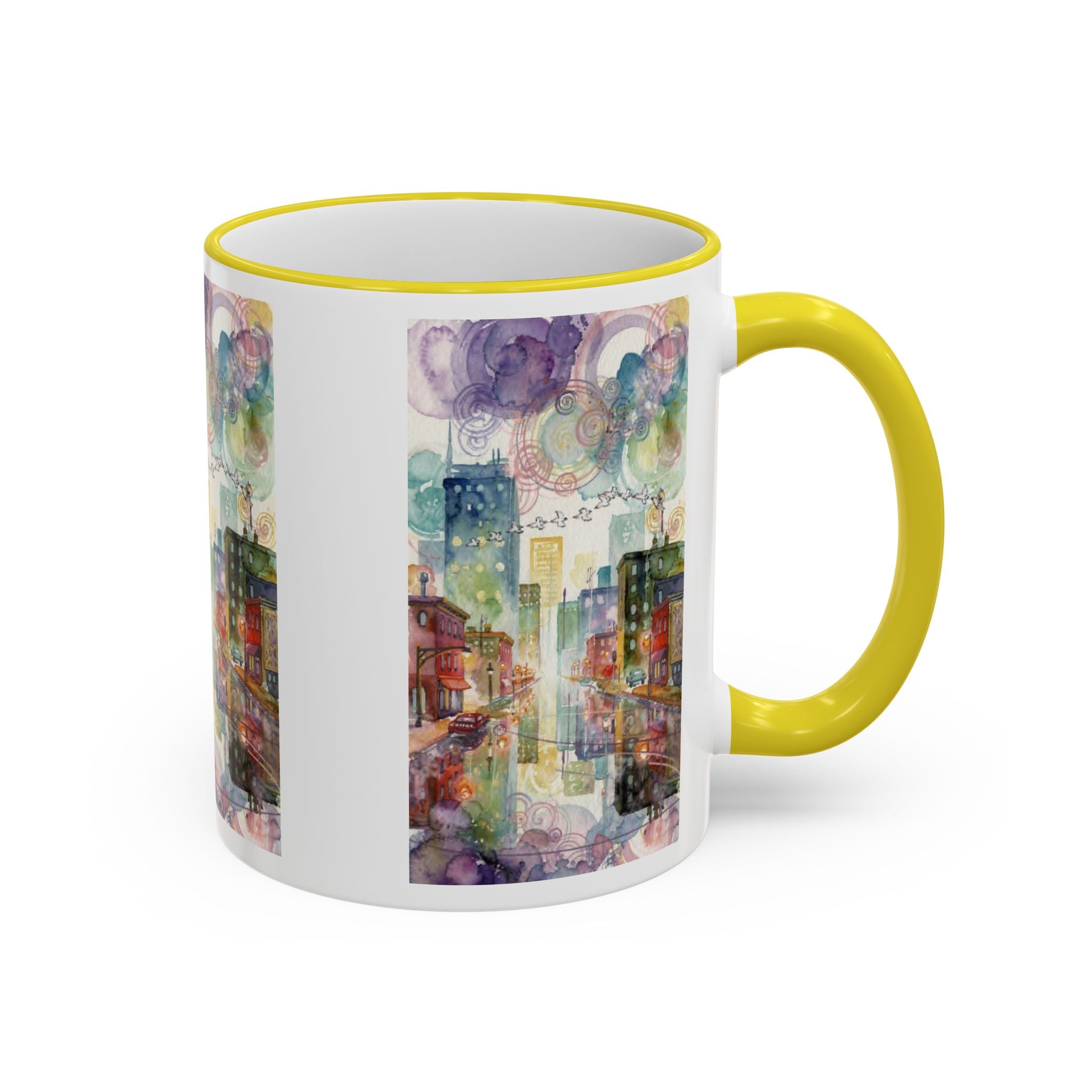 Abstract Cityscape Accent Rim Mug – Colorful Urban Watercolor Coffee Cup (11oz/15oz)