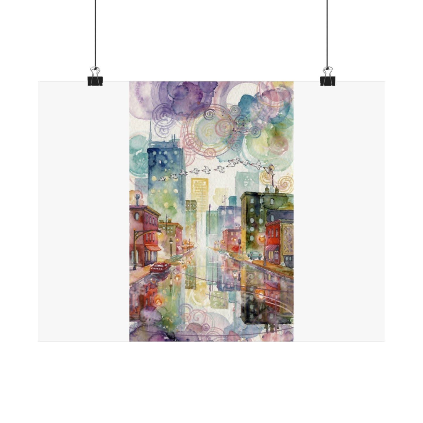 Watercolor Cityscape Matte Poster — Vibrant Urban Street Art Print
