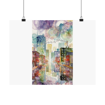 Watercolor Cityscape Matte Poster — Vibrant Urban Street Art Print