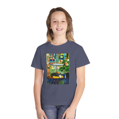 Youth Tee — Cozy Window Cat Print