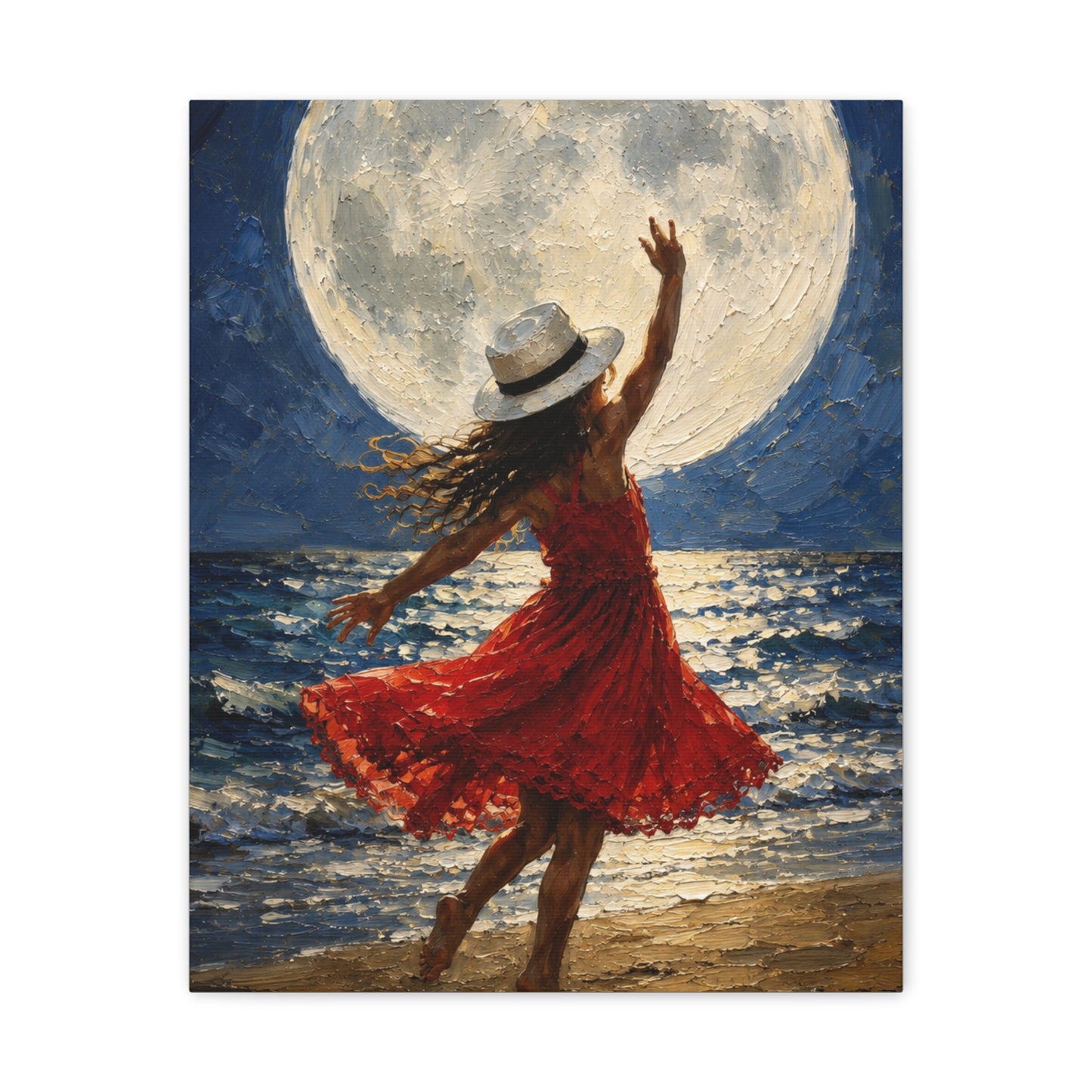 Moonlit Dance Canvas Wall Art – Woman in Red Dress Beach Painting