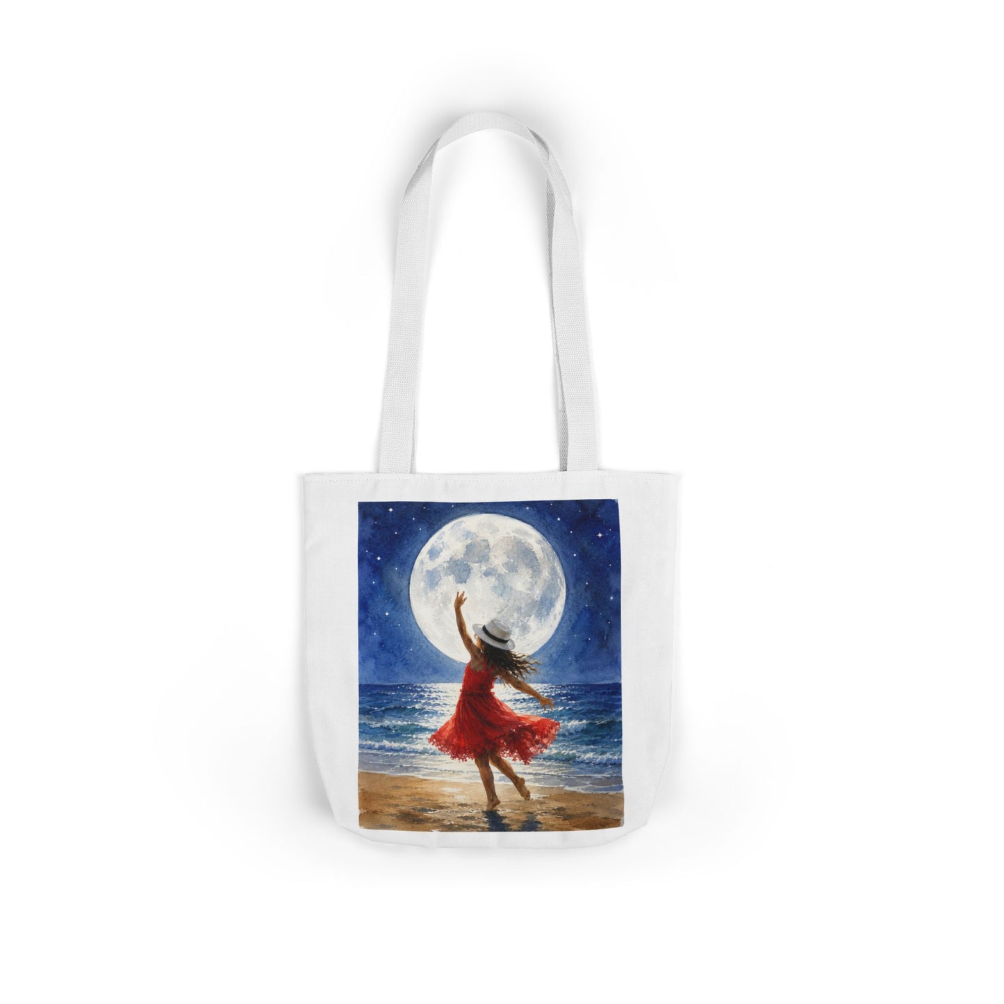 Moonlit Dance Canvas Tote Bag — Woman in Red Dress Beach Art Tote