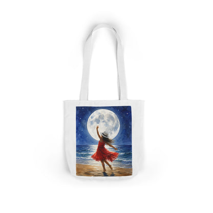 Moonlit Dance Canvas Tote Bag — Woman in Red Dress Beach Art Tote