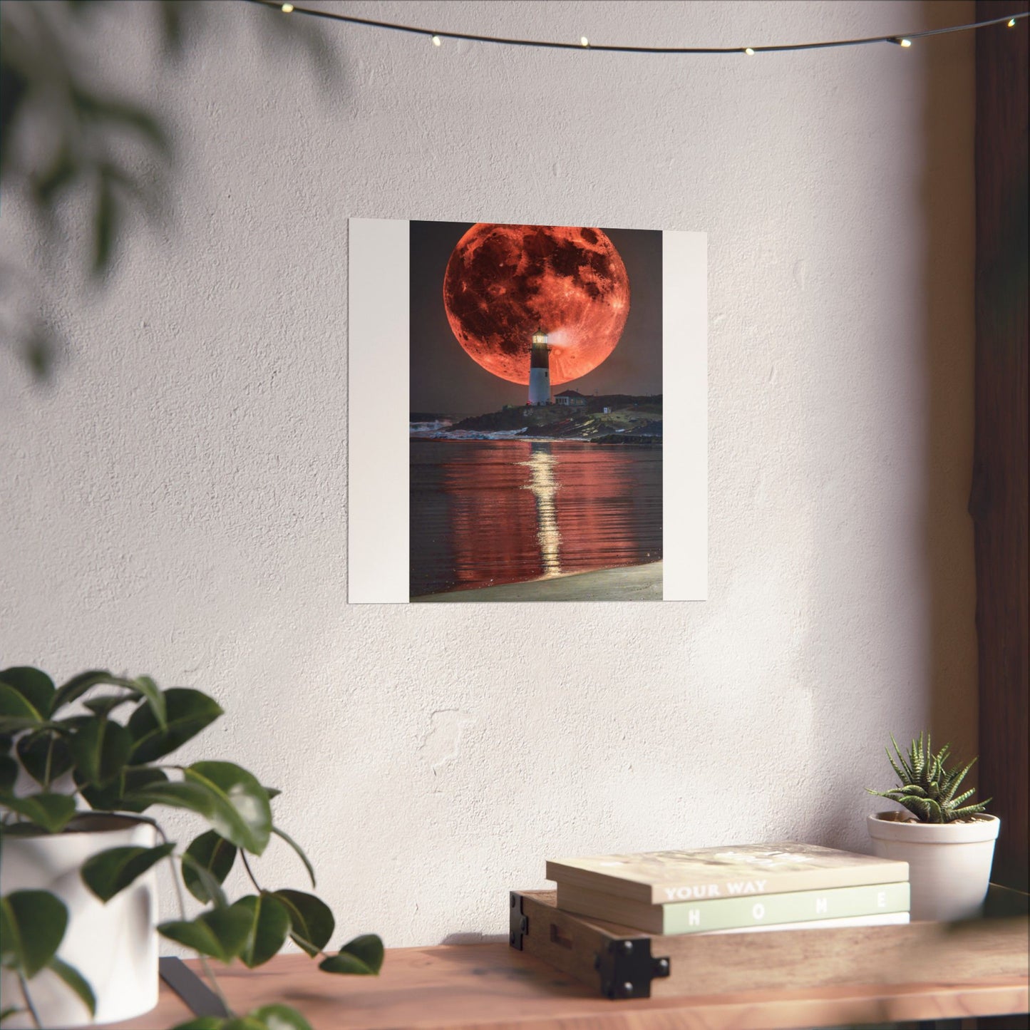 Red Moon Lighthouse Matte Vertical Poster — Surreal Coastal Wall Art